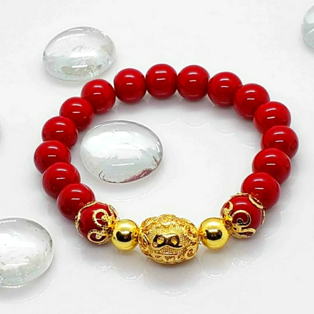 Handcrafted red coral natural stone stretch bracelet